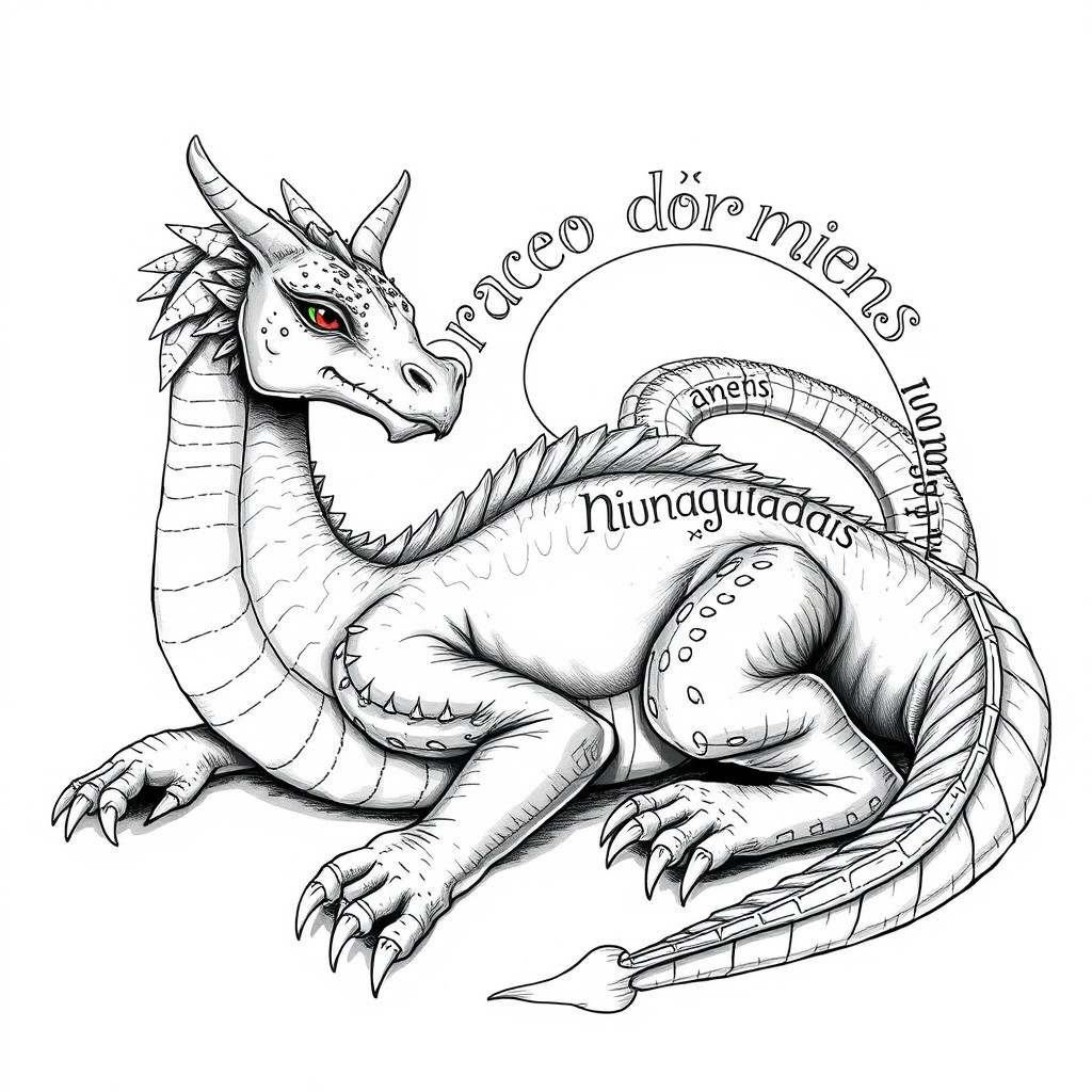 A black and white illustration of a realistic European-style dragon lying down with its head resting on its front paws