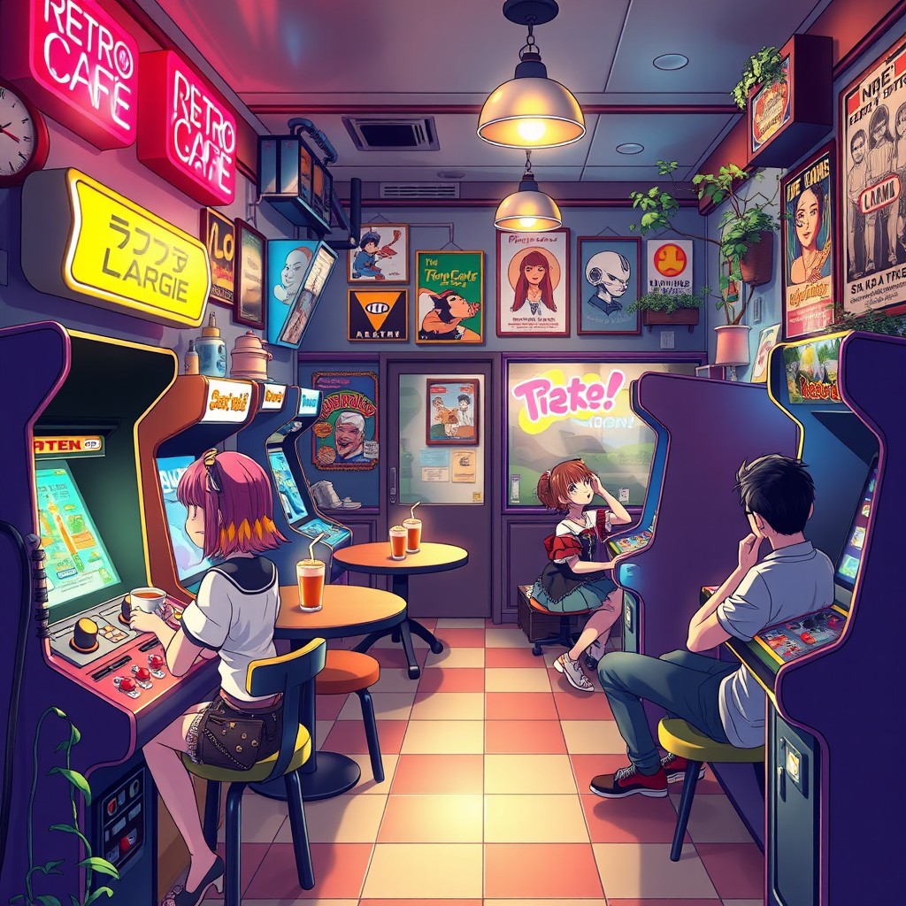 An anime-style poster depicting a retro café filled with classic arcade machines, glowing neon lights illuminating the scene
