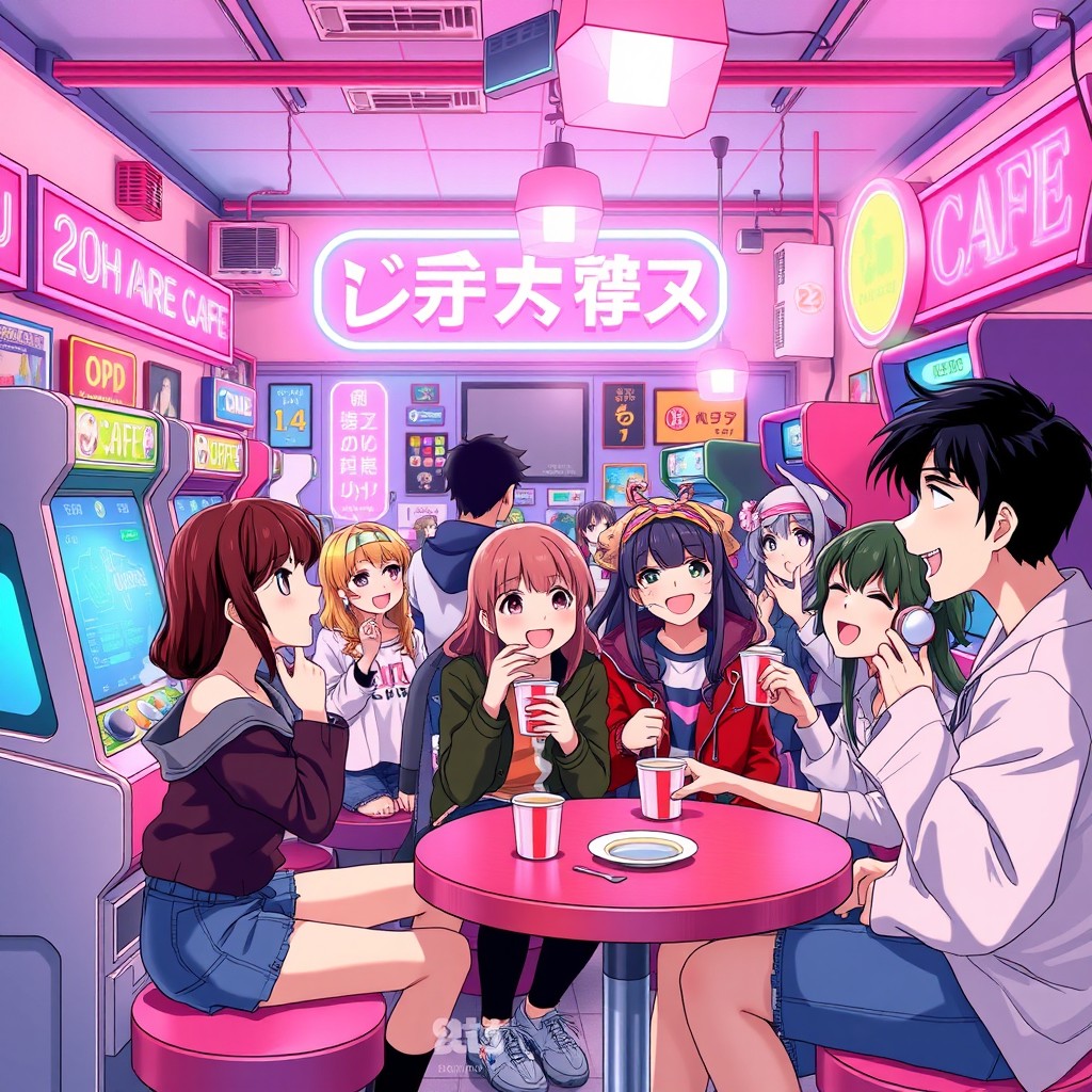 A vibrant anime-style poster depicting a retro café filled with colorful arcade machines