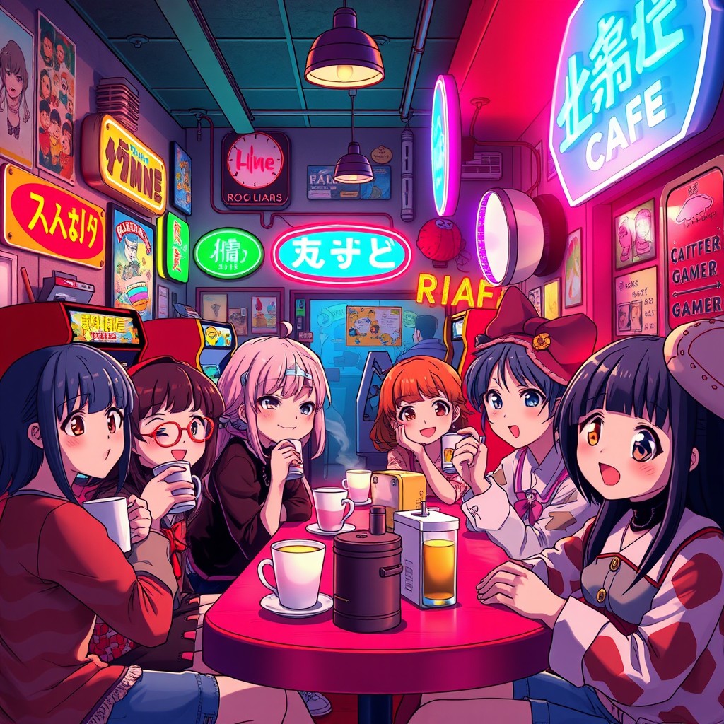 A vibrant anime-style poster featuring a retro café atmosphere, filled with vintage arcade machines illuminated by colorful neon lights