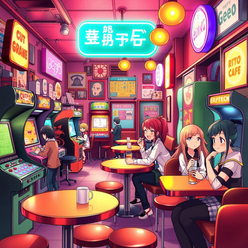 A vibrant anime-style poster of a retro café filled with classic arcade machines, glowing neon lights illuminating the room, and characters of various styles enjoying hot beverages such as coffee and tea
