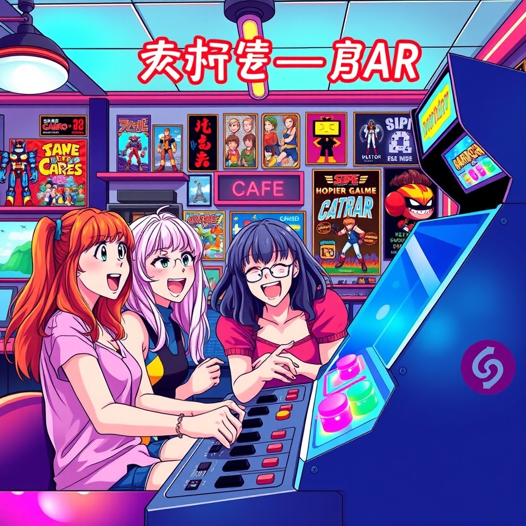 A vibrant retro anime-style poster for a video game café-bar