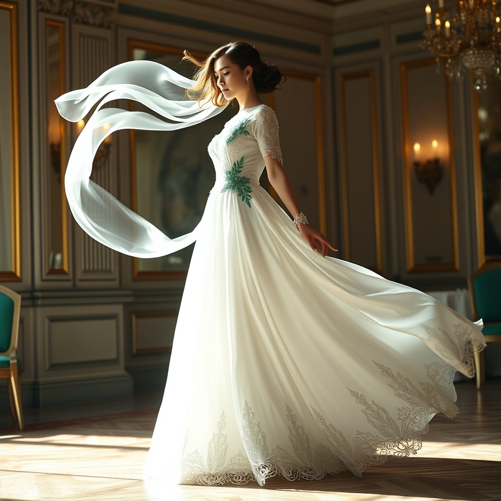 A stunning formal dress designed in pure white, featuring a long skirt that flows elegantly to the ground
