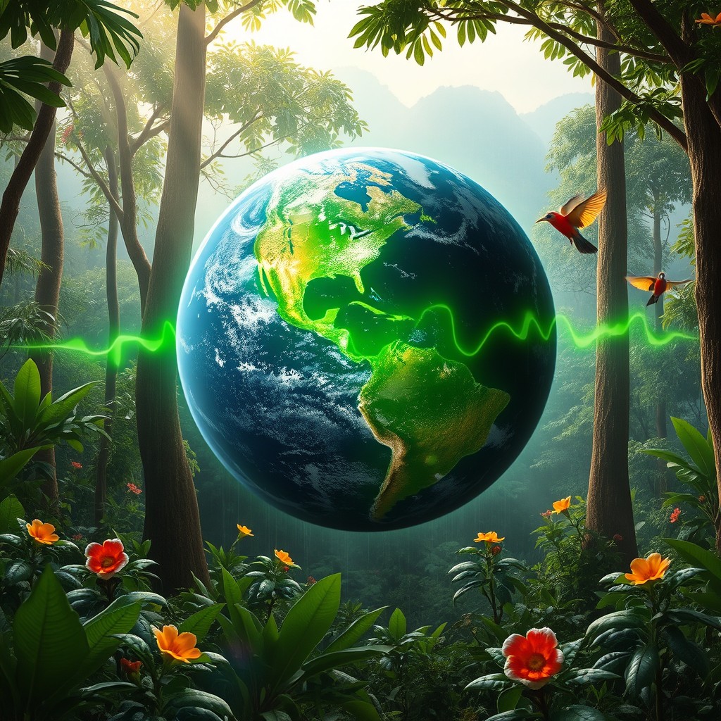 The planet Earth depicted with a vibrant green pulse emanating from its surface, set within a lush, tropical rainforest