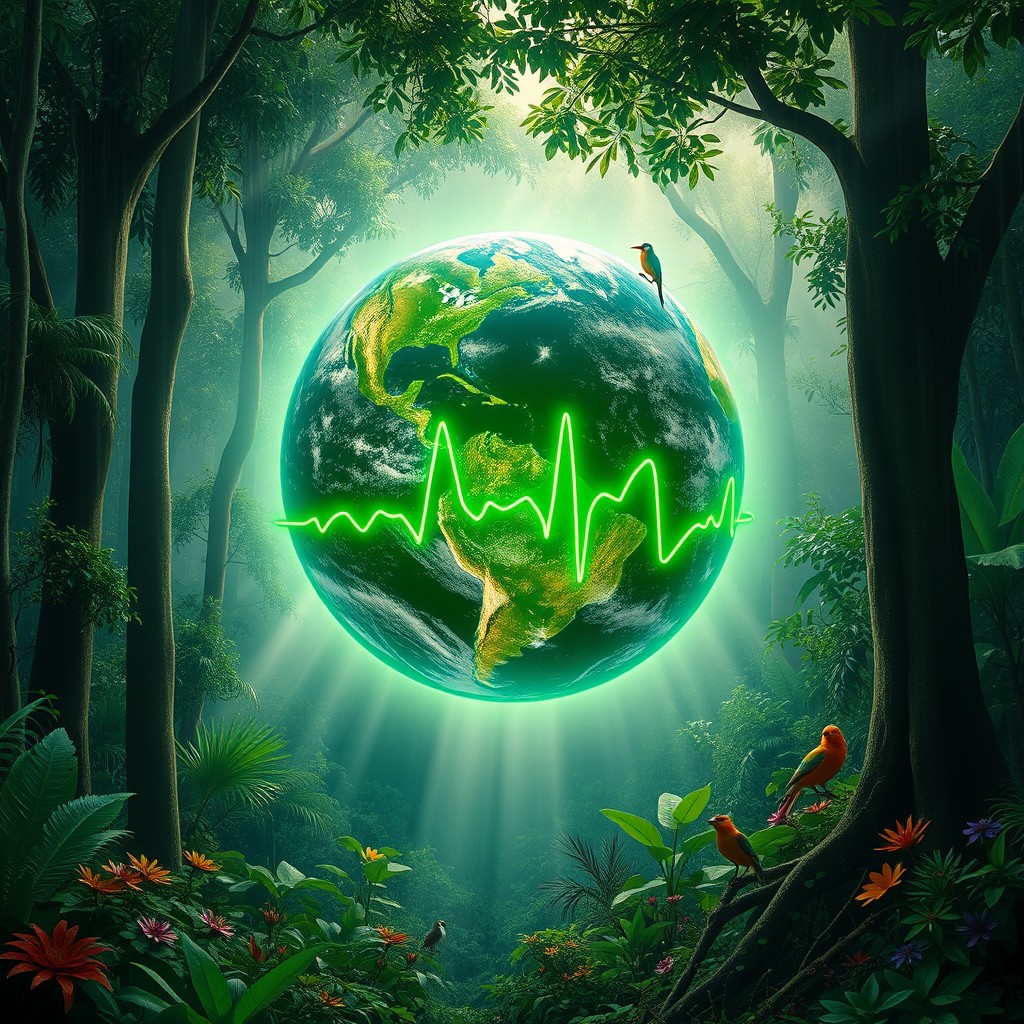 A vivid and enchanting scene depicting Planet Earth with a glowing green pulse on its surface, surrounded by a lush rainforest