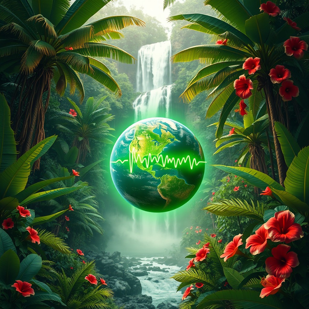 A vibrant depiction of planet Earth with a glowing green pulse on its surface, nestled within a lush tropical rainforest filled with tall banana trees, colorful hibiscus flowers, and a magnificent waterfall cascading in the background