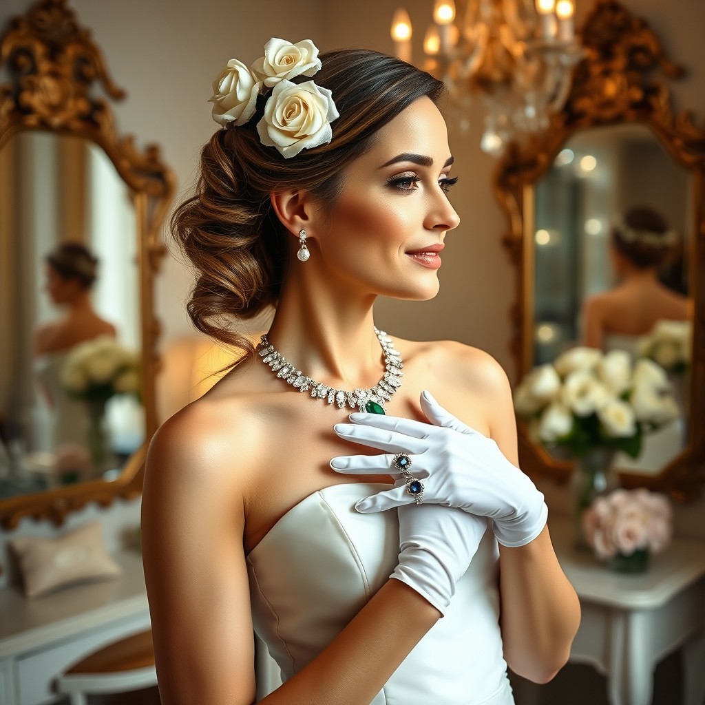 A graceful transition scene of a woman changing into a stunning formal dress