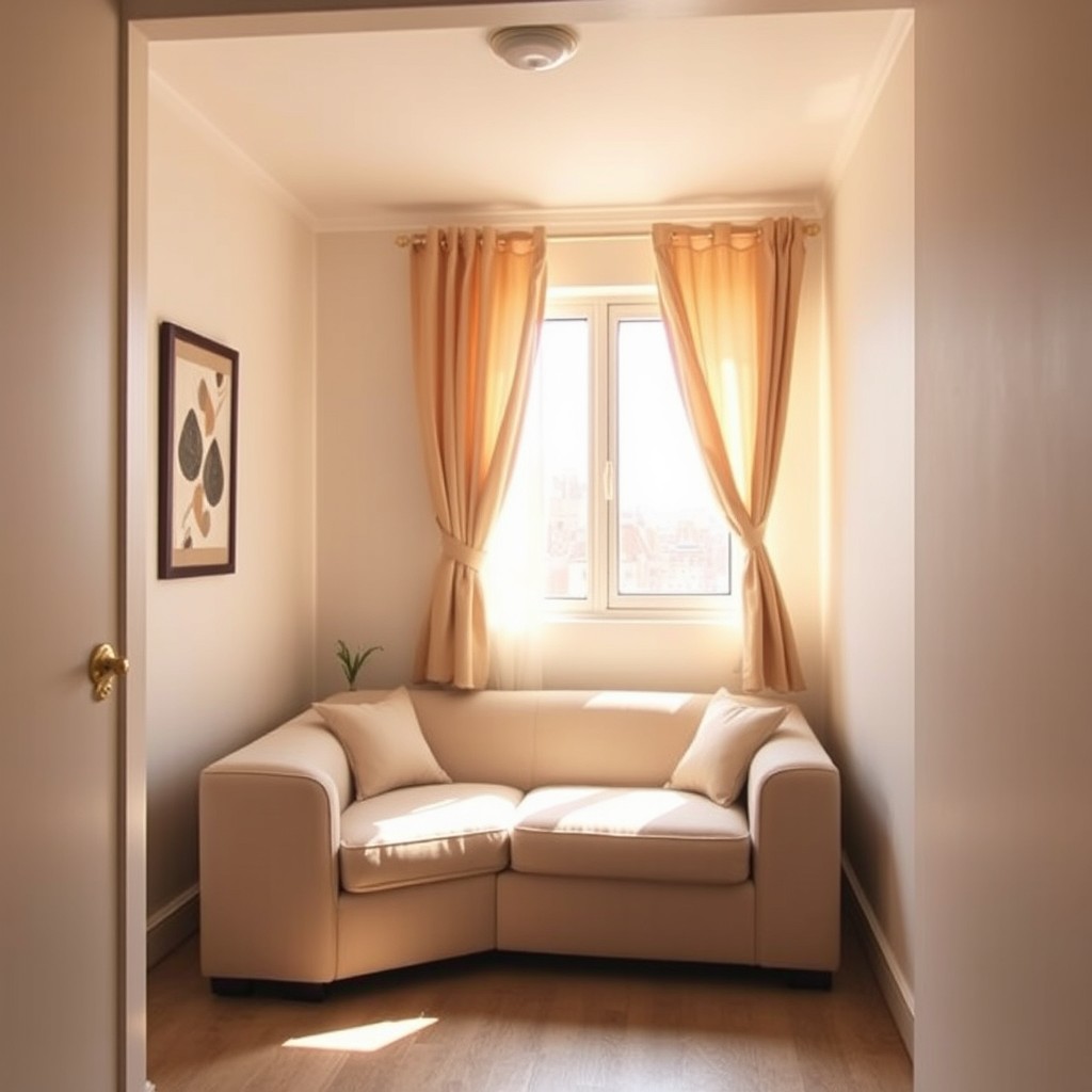 An interior view of a compact apartment featuring a single rectangular room