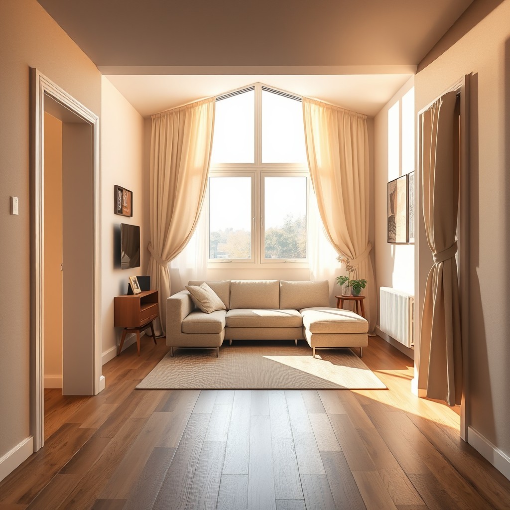 An interior view of a cozy apartment featuring a single rectangular room