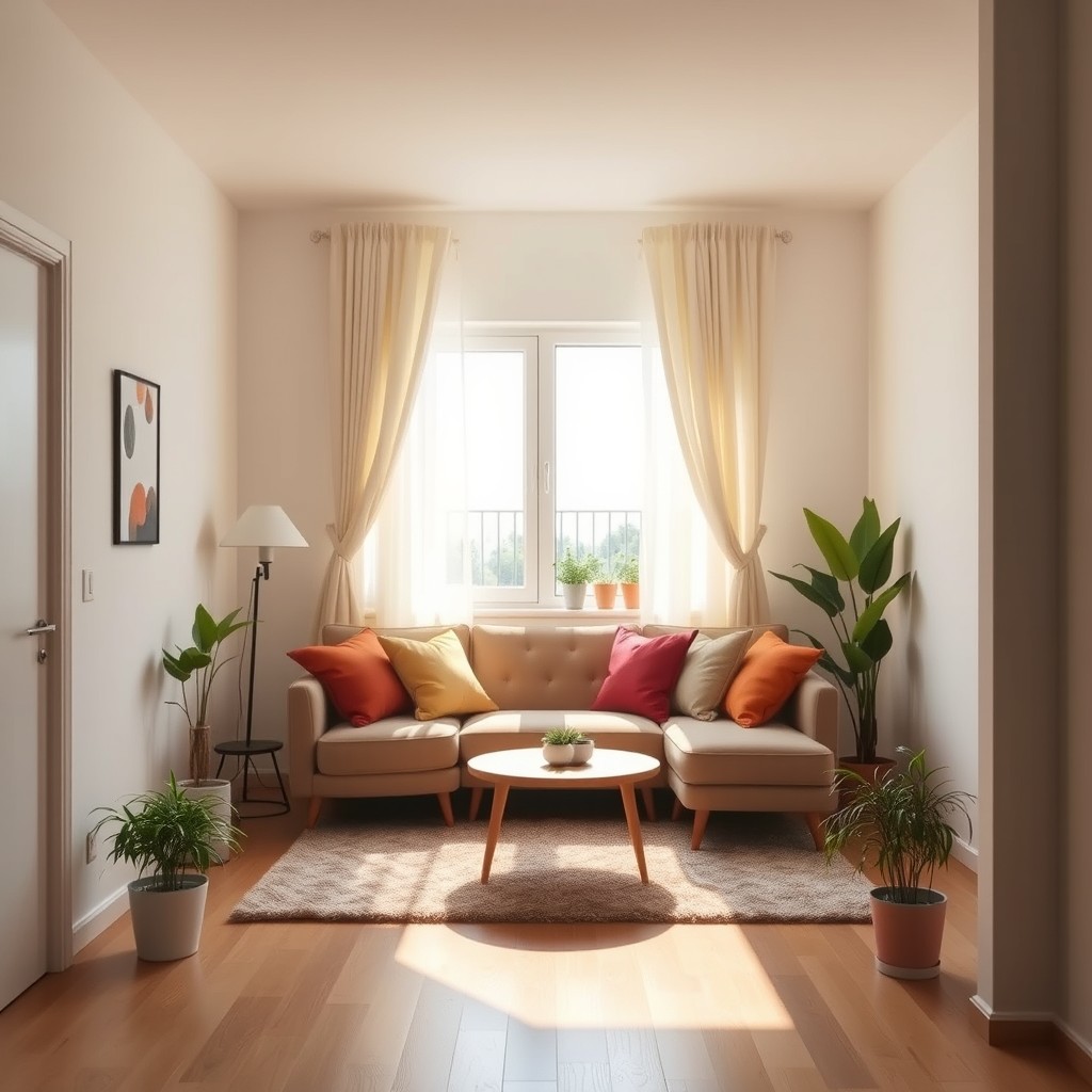A cozy apartment interior featuring a single rectangular room