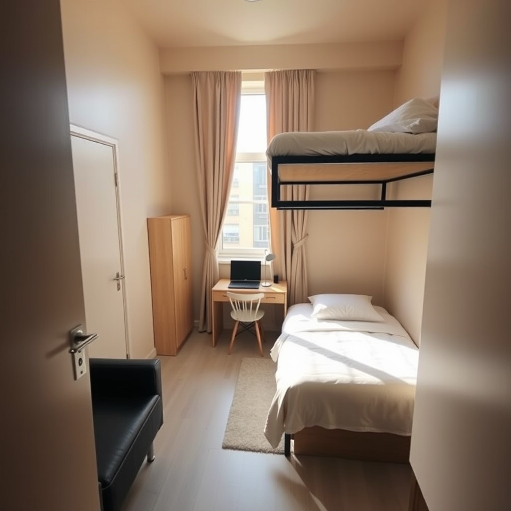An interior view of a compact apartment featuring a single rectangular room