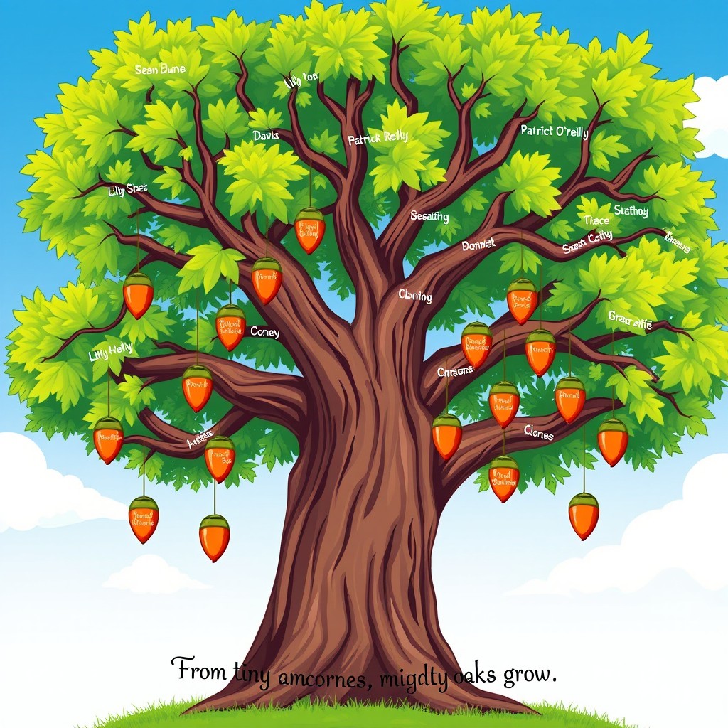 An illustration of a majestic oak tree, its sturdy trunk and wide branches adorned with vibrant green leaves
