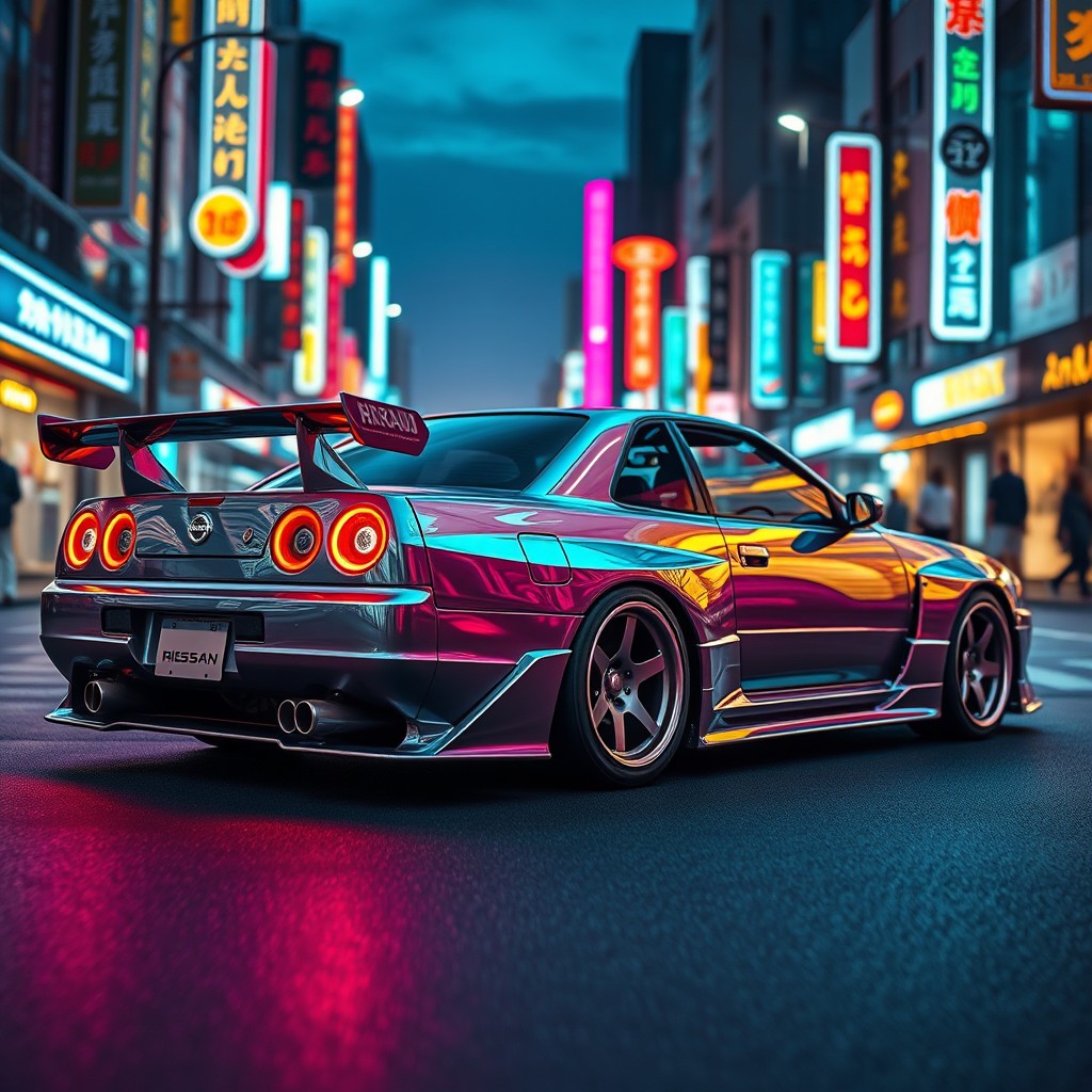 A futuristic retro Nissan Skyline R34, showcasing its classic design elements combined with futuristic enhancements