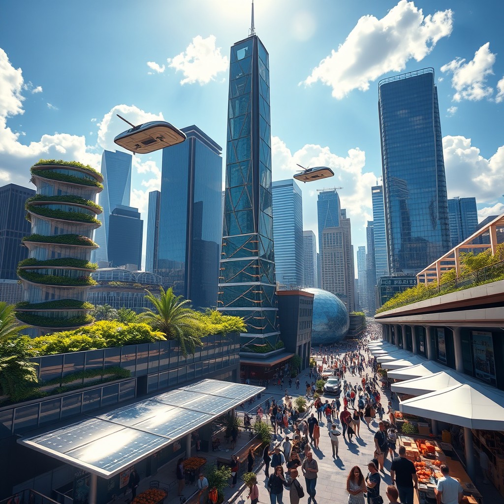 A futuristic city skyline with advanced technology, featuring skyscrapers with lush vertical gardens, flying cars in the sky, and people interacting in a bustling marketplace