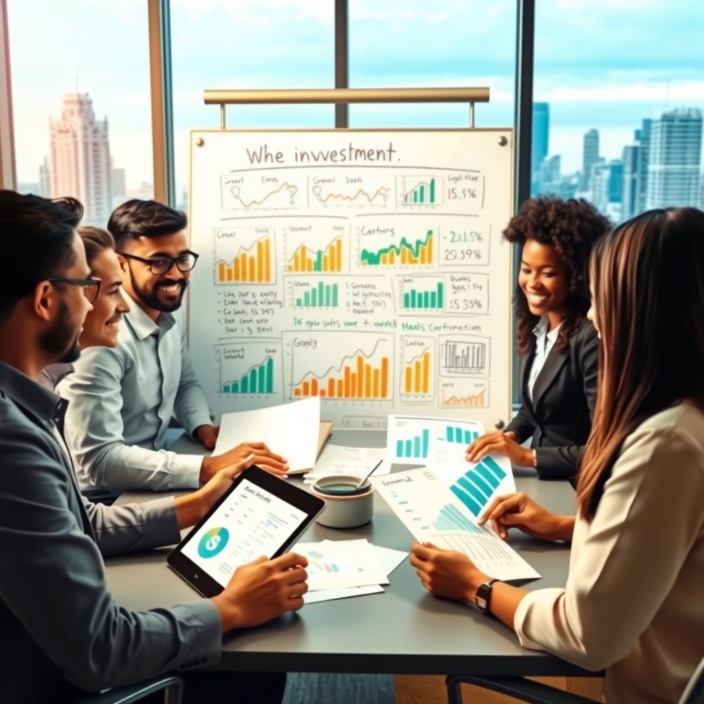 A vibrant scene illustrating the concept of investment, featuring a diverse group of adults engaged in a discussion around financial growth