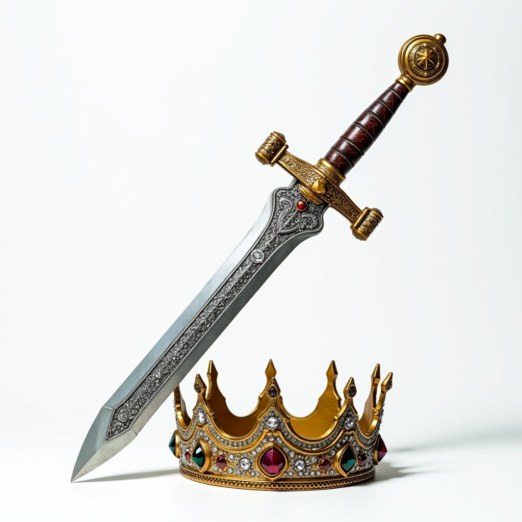 A beautifully crafted sword with intricate engravings, resting against a plain white background