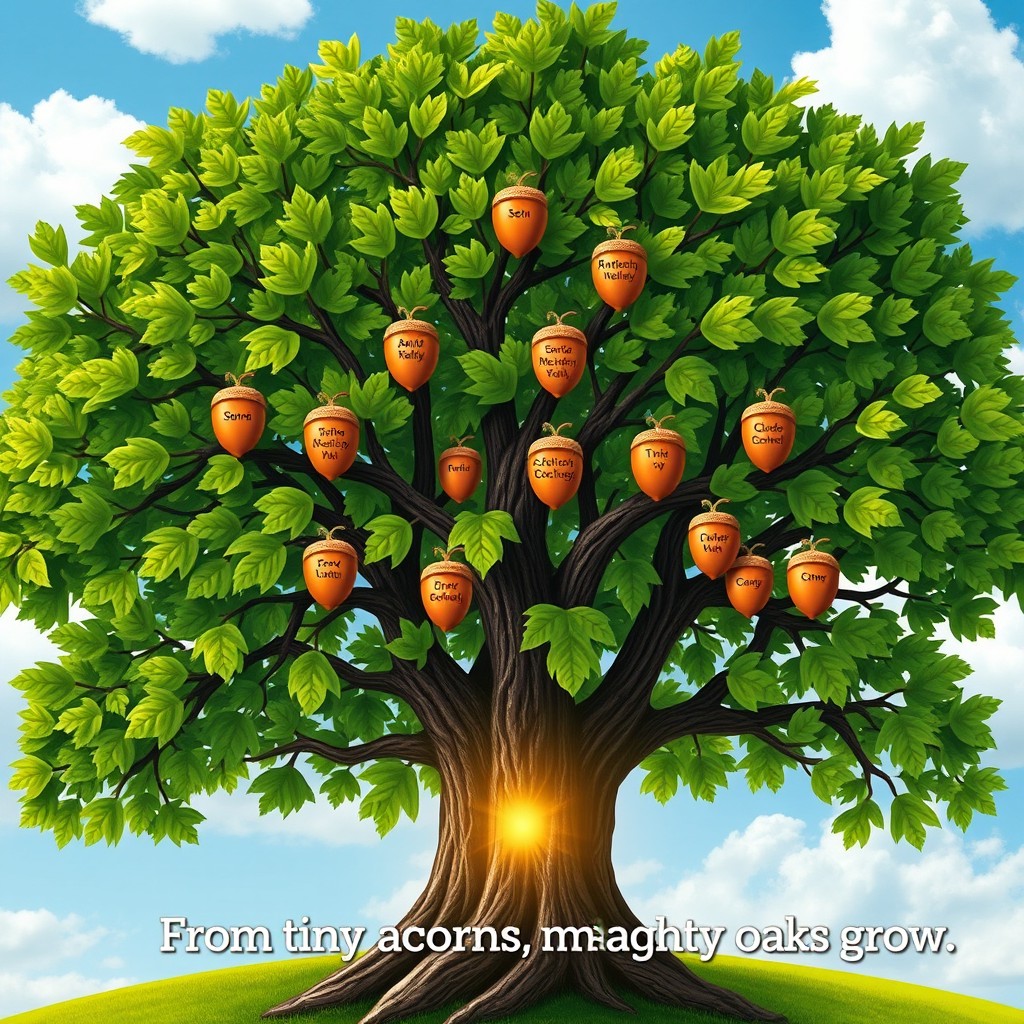 A majestic oak tree with lush green leaves, adorned with acorns, each acorn intricately carved with names: Sean Dunne, Lily Whelan, David Reilly, Eimear McGuirk, Patrick O'Reilly, Ava Heery, Oscar Gibson, Grace McCullagh, Jayden Clarke, Clara Bonastre, Tadhg Donnelly, Clodagh McMahon, Drew Stafford, Shane Cooney