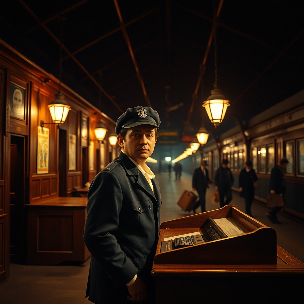 A railway station employee from the 1970s, depicted inside a dimly lit train station at night