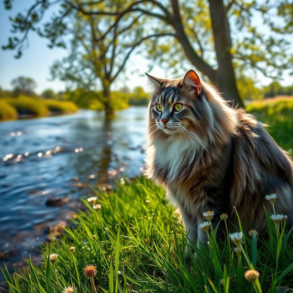A majestic cat standing on the riverbank, gazing thoughtfully at the flowing water