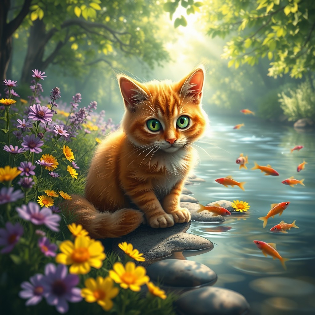A whimsical and enchanting scene of a cat sitting peacefully on the bank of a gently flowing river