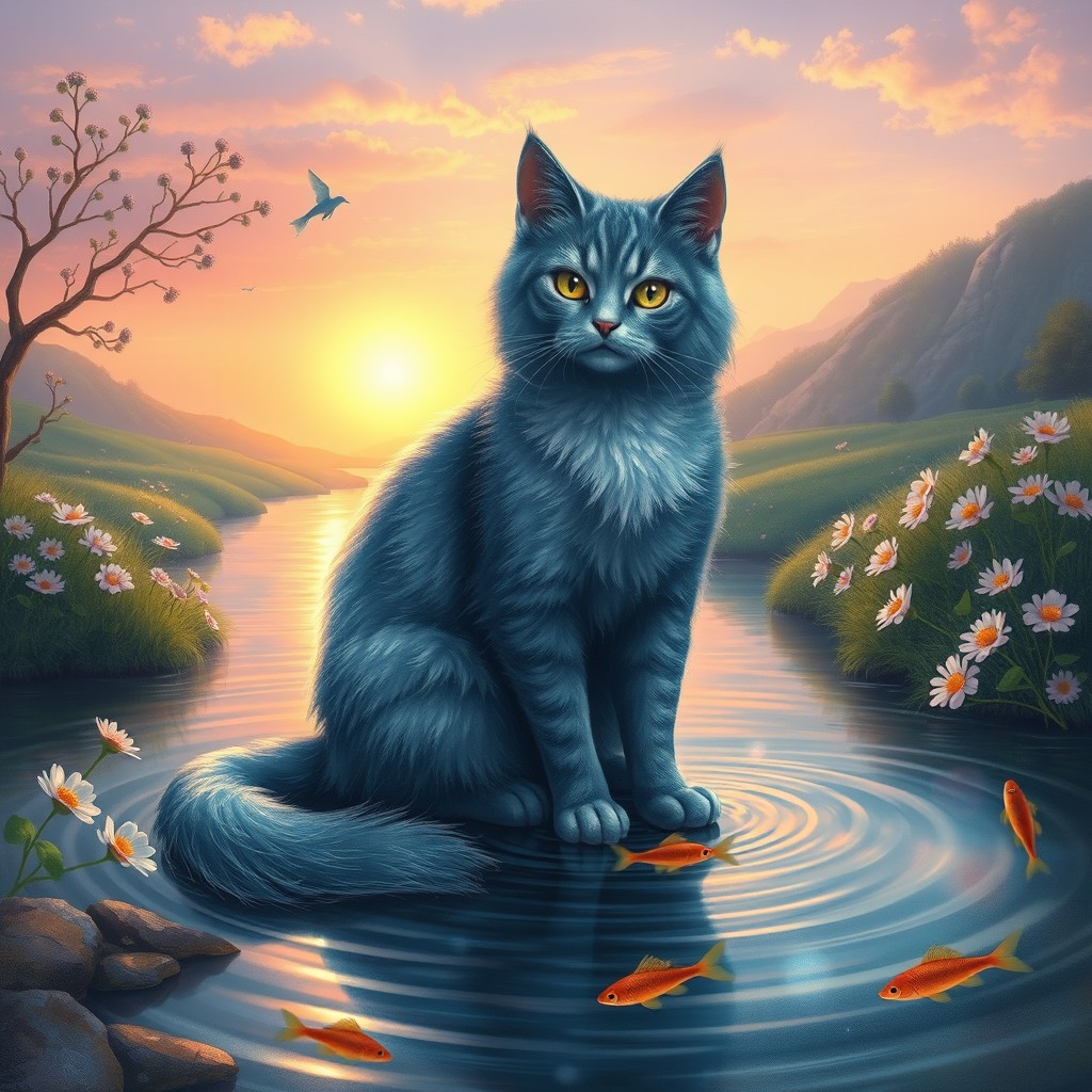 A whimsical, enchanting scene featuring a mystical cat sitting gracefully by a serene river