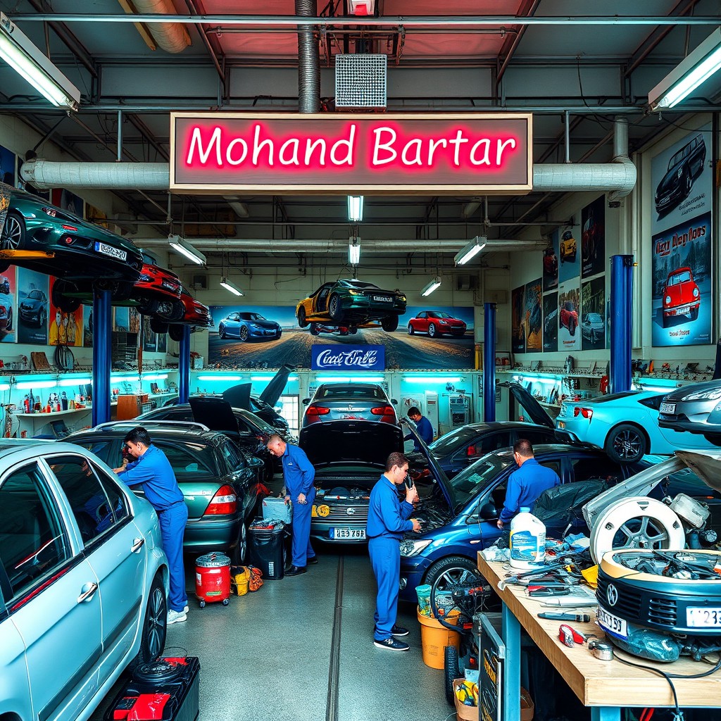 A vibrant and bustling auto repair shop named 'Mohand Bartar', showcasing a variety of cars being serviced