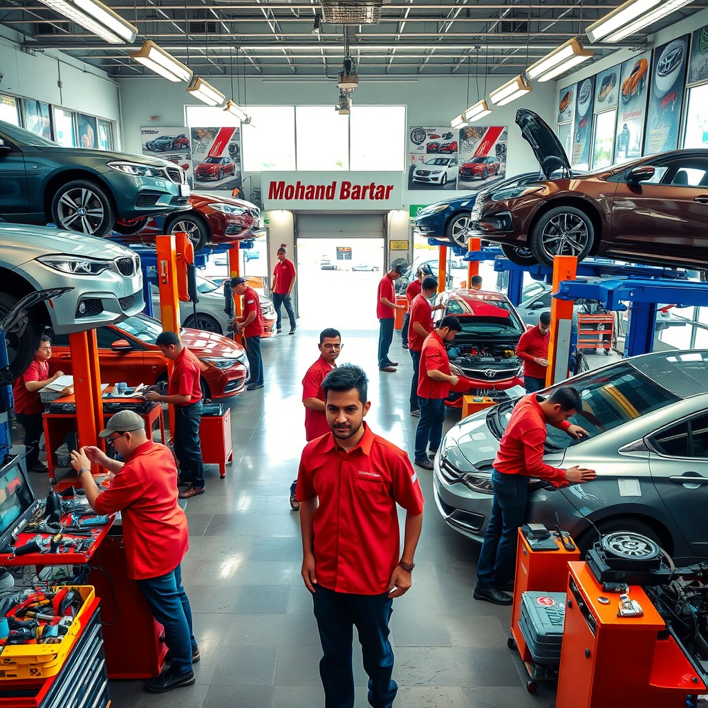 A vibrant automotive repair shop named 'Mohand Bartar', showcasing tools, car parts, and busy mechanics diligently working on vehicles