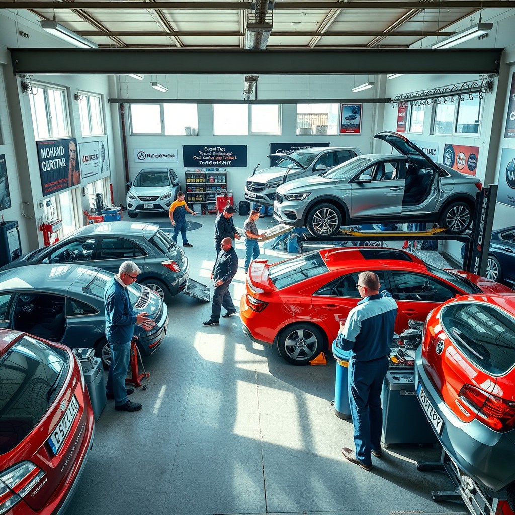 A vibrant and bustling car repair workshop named 'Mohand Bartar'