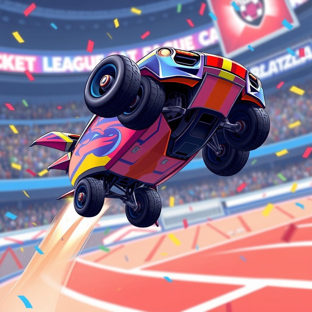 A stylized illustration of a colorful Rocket League car, featuring a sleek and futuristic design, equipped with bold decals and a shiny finish