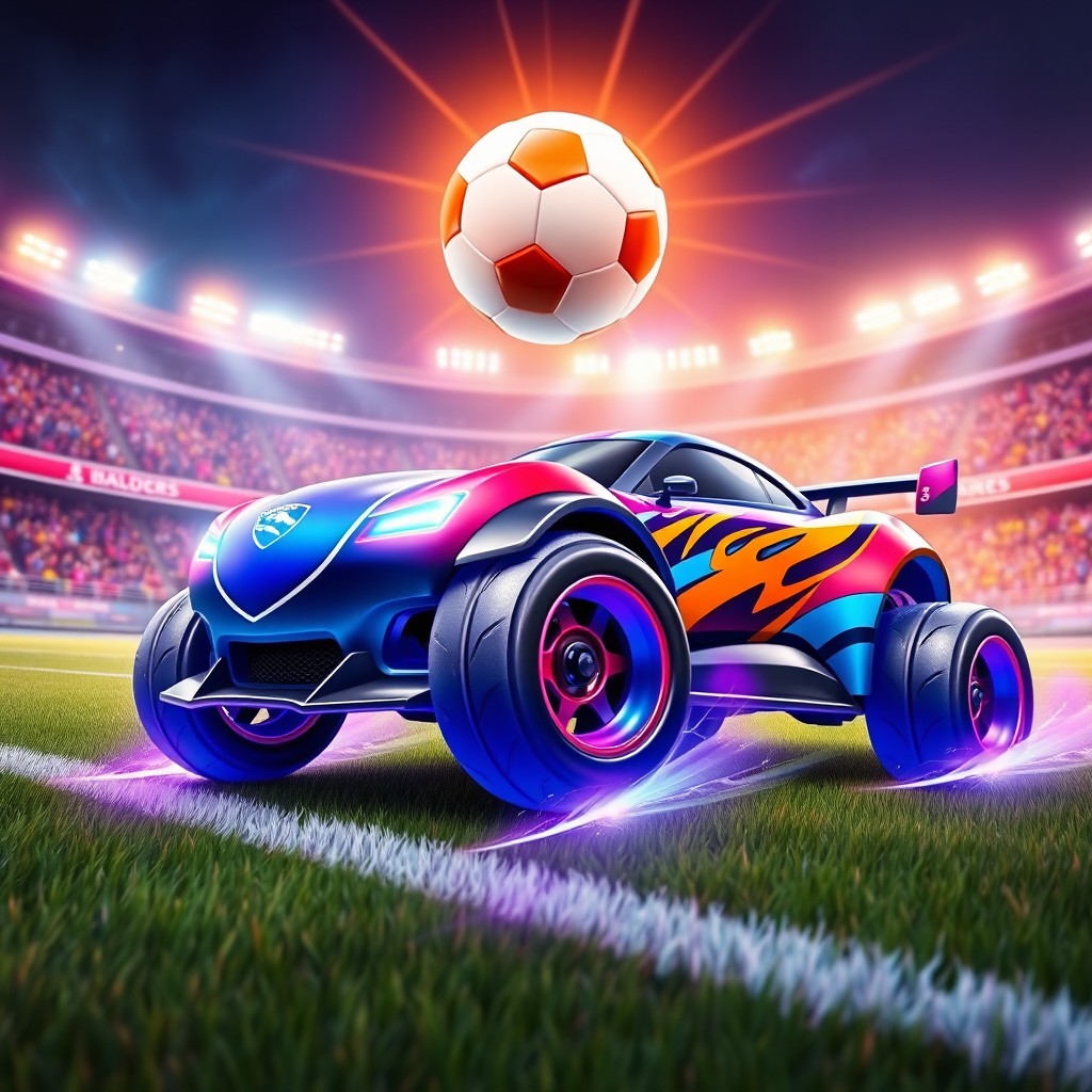 A stylized Rocket League car, vibrant and sleek, with a glossy finish and exciting decals, positioned on a futuristic, colorful soccer field