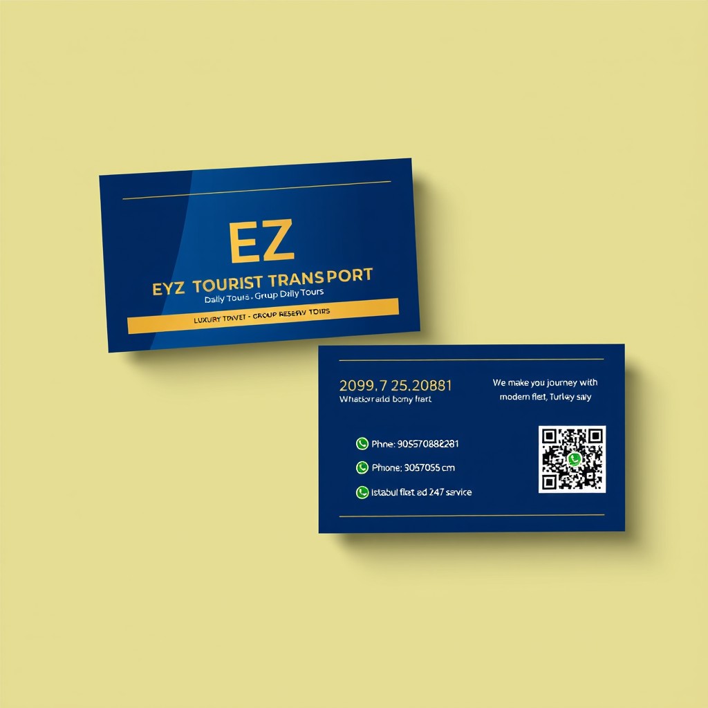 A professional and elegant business card design for a tourist transport company named 'EYZ TOURIST TRANSPORT' with emphasis on luxury travel and daily tours