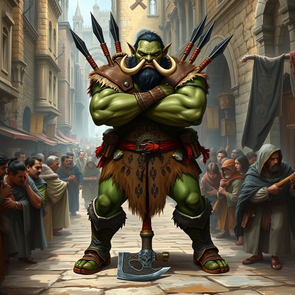 A full-body illustration of a powerful half-orc barbarian with dark green skin and prominent tusks, standing confidently in a bustling medieval marketplace