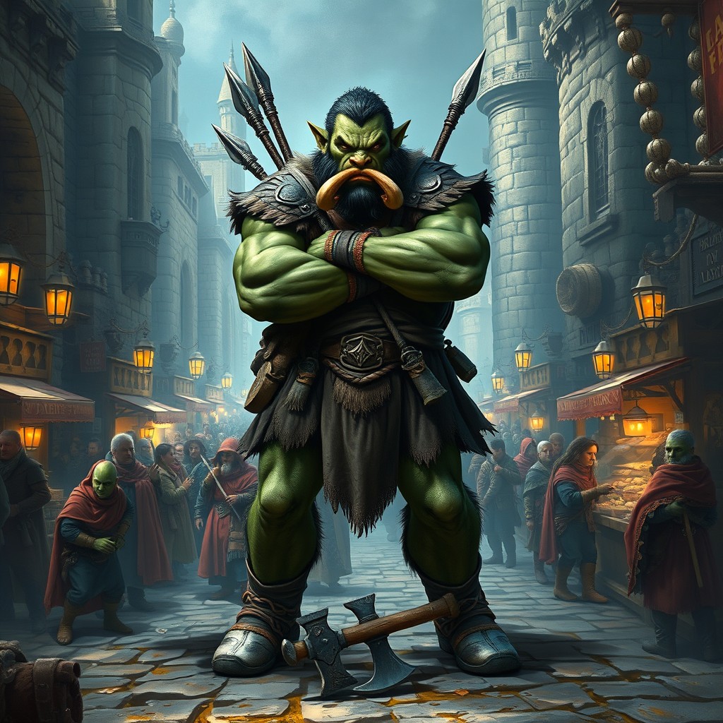 A full-body artwork of a half-orc barbarian standing confidently in a bustling medieval marketplace