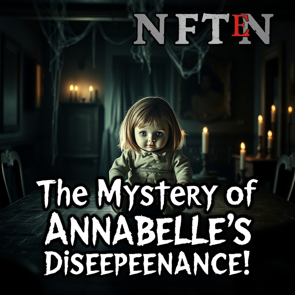 A captivating YouTube thumbnail design for a channel named 'NFTN' discussing the mysterious disappearance of the Annabelle doll