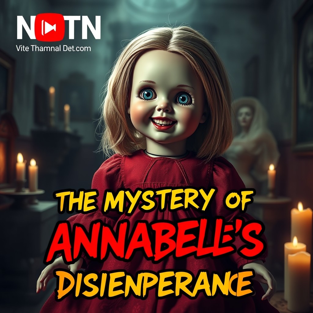 An eye-catching YouTube thumbnail for a channel named 'NFTN' discussing the disappearance of the Annabelle doll