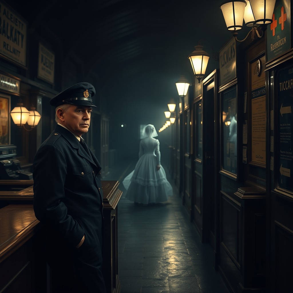 Inside a dimly lit railway station at night, a railway employee from the 1970s, dressed in a dark blue uniform with a cap, stands behind an old wooden ticket counter, looking surprised