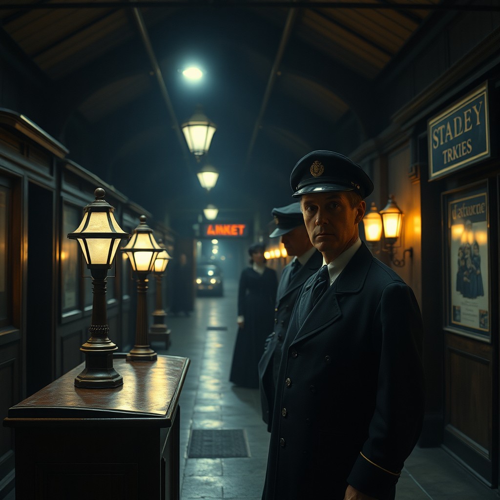Inside a dimly lit railway station at night, a railway employee from the 1970s, clad in a classic dark blue uniform with a cap, stands behind an old wooden ticket counter, eyes wide with surprise