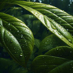 A photorealistic image seen through a camera lens, showcasing a close-up of tropical forest plant leaves sprinkled with water droplets, as a captivating backdrop.