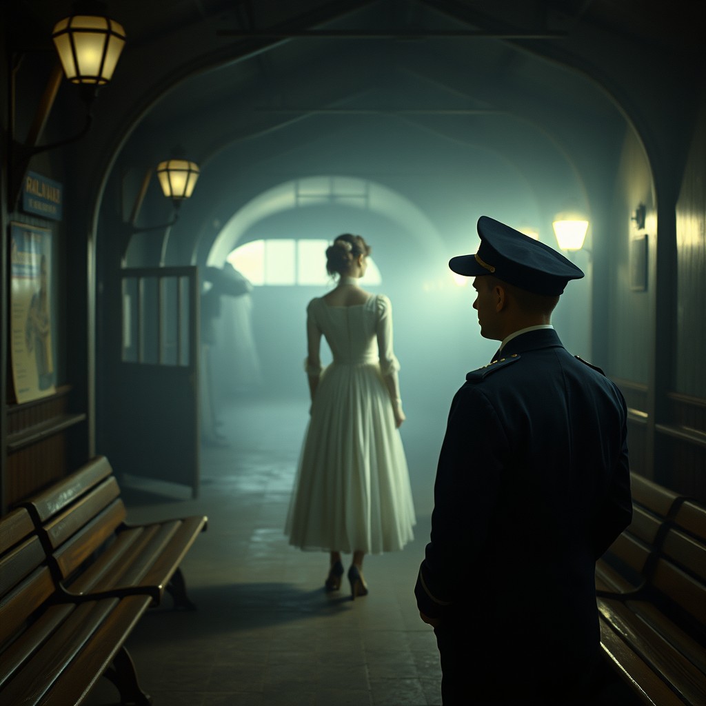 Inside a dimly lit railway station from the 1970s, a railway employee in a dark blue uniform and cap stands, looking intently at a transparent ghostly woman in the distance