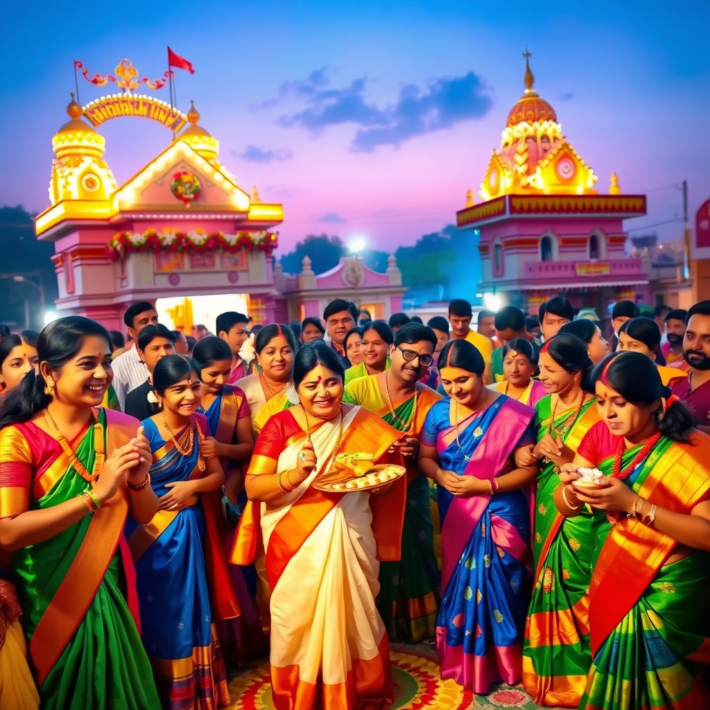 A vibrant and colorful Tamil festival scene, showcasing people dressed in traditional Tamil attire, celebrating with joyful expressions