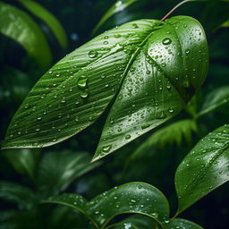 A photorealistic image seen through a camera lens, showcasing a close-up of tropical forest plant leaves sprinkled with water droplets, as a captivating backdrop.