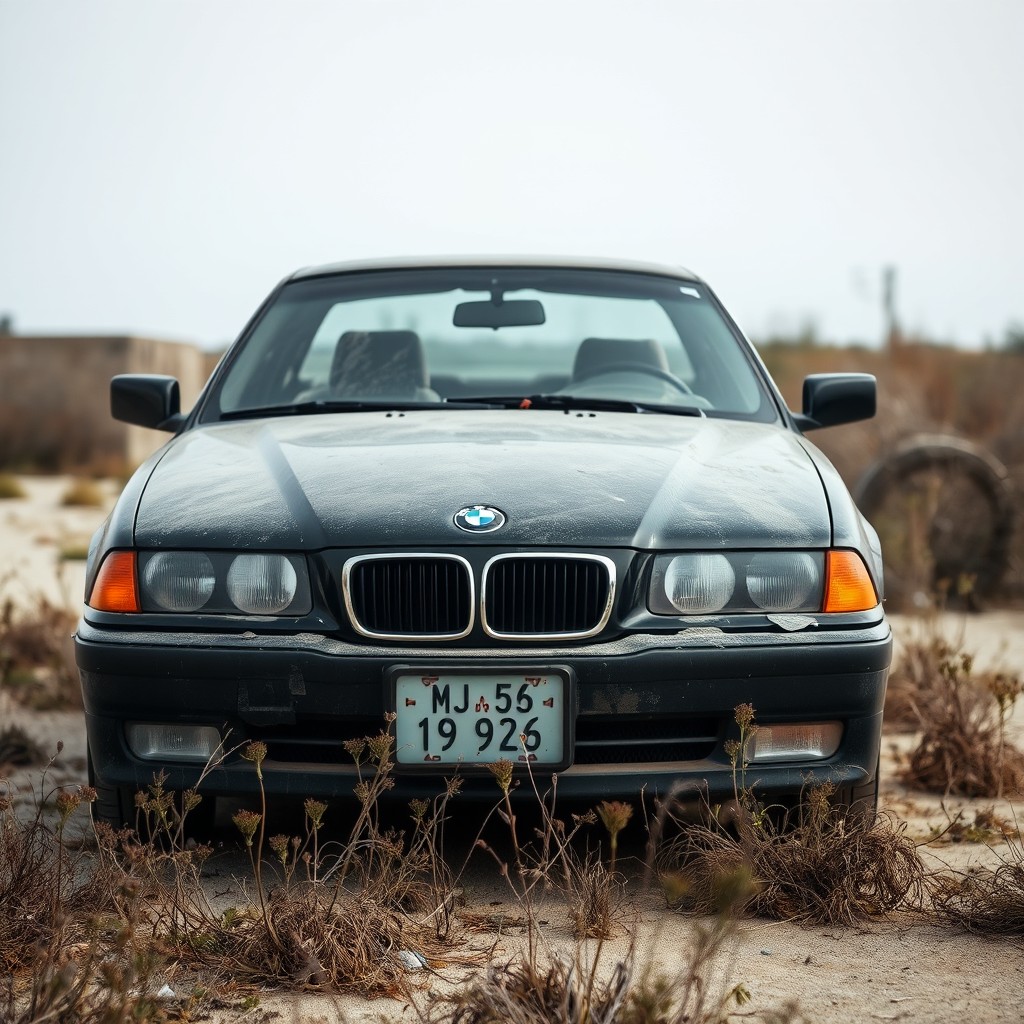 A solitary black BMW from the year 1997, covered in a layer of dust, parked in a desolate location