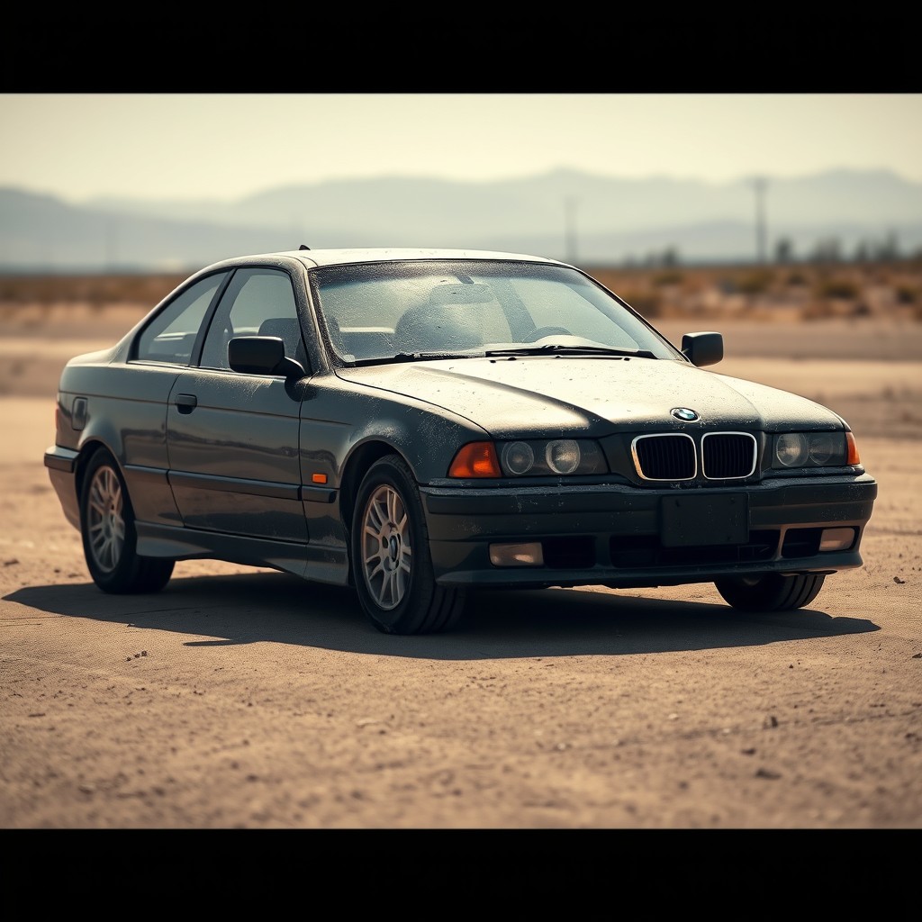 A solitary black 1997 BMW, covered in dust, yet still in good condition