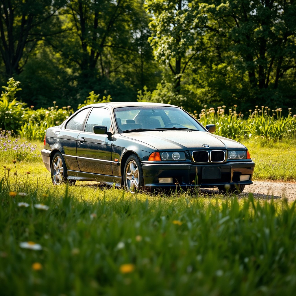 A solitary 1997 black BMW parked in an overgrown field, covered in a light layer of dust, showcasing its vintage charm despite its age