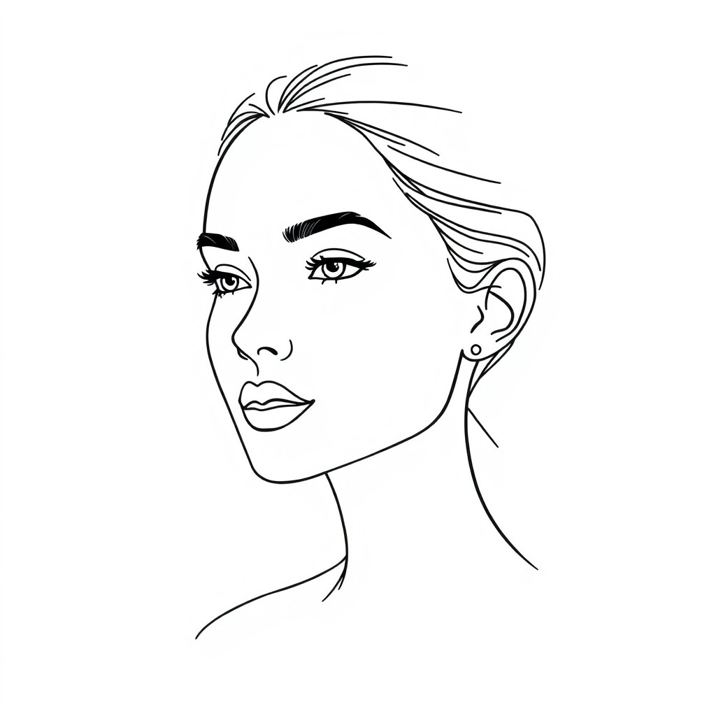 A minimalist one-line drawing portrait focusing on the elegant outline of the face and key facial features