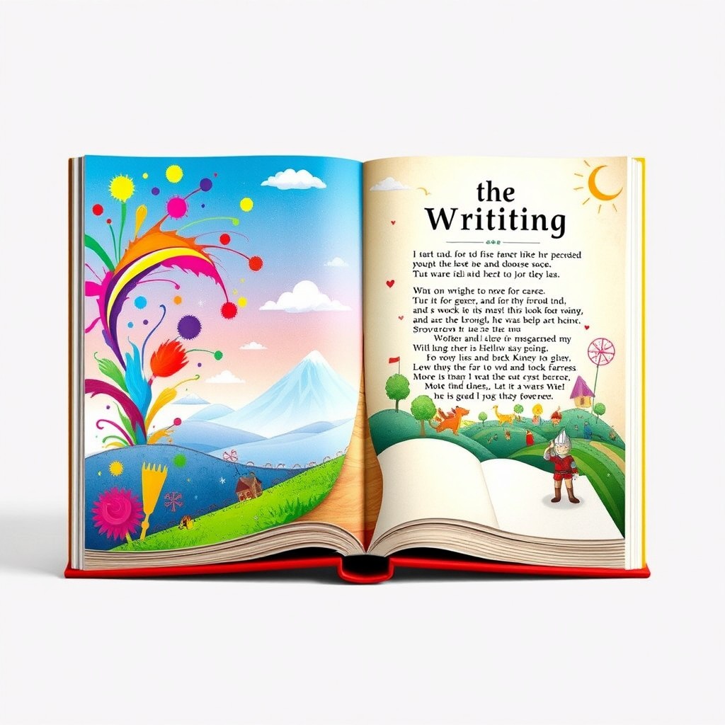 A vibrant book cover depicting an imaginative scene combining elements of storytelling through writing and painting