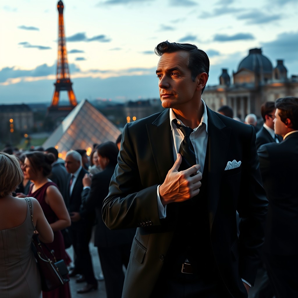 A thrilling scene depicting a Mossad agent in a sleek black suit, blending in with the glamorous crowd at a high-stakes diplomatic event in Paris