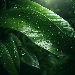 A photorealistic image seen through a camera lens, showcasing a close-up of tropical forest plant leaves sprinkled with water droplets, as a captivating backdrop.