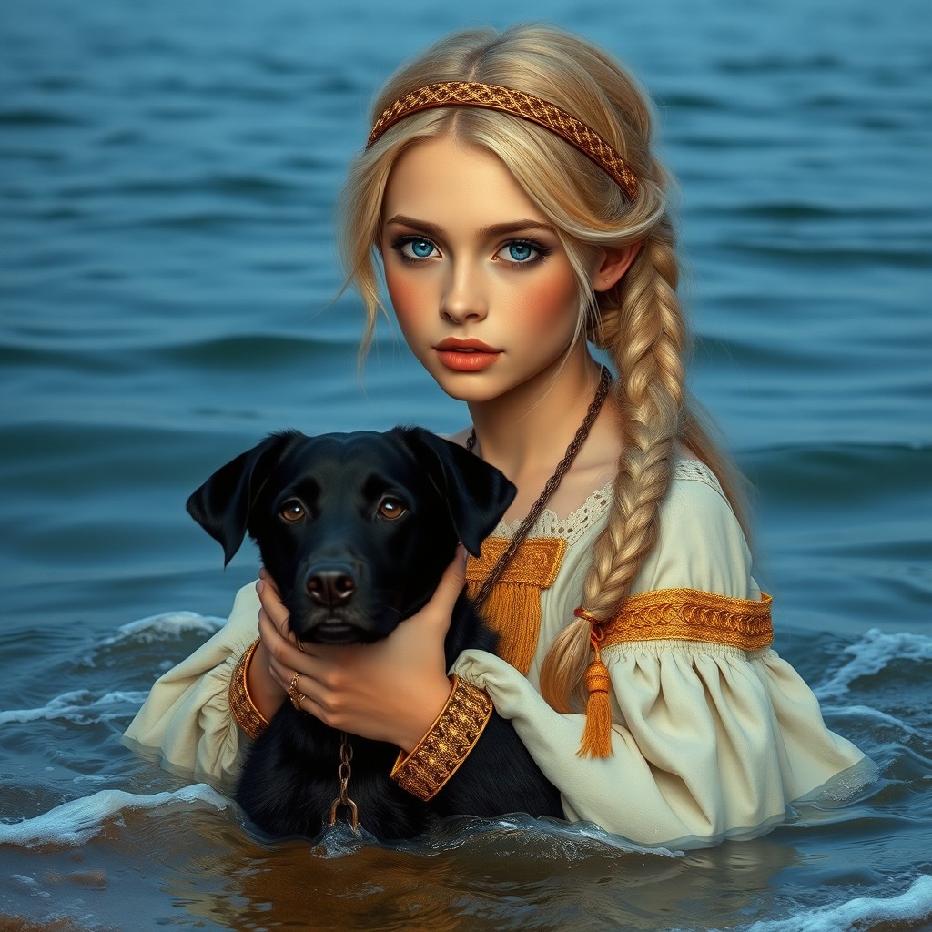 Midnight at a serene lakeshore, where a wave carries a young woman with light blonde hair onto the shore