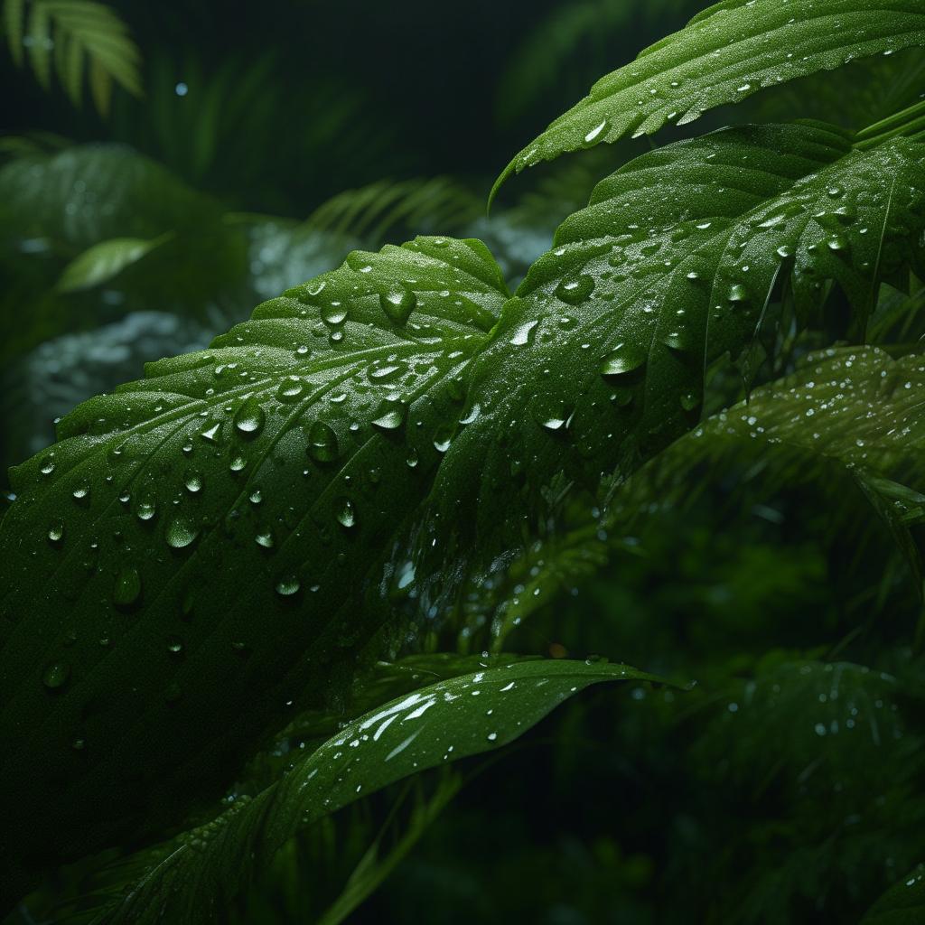 A photorealistic image seen through a camera lens, showcasing a close-up of tropical forest plant leaves sprinkled with water droplets, as a captivating backdrop.